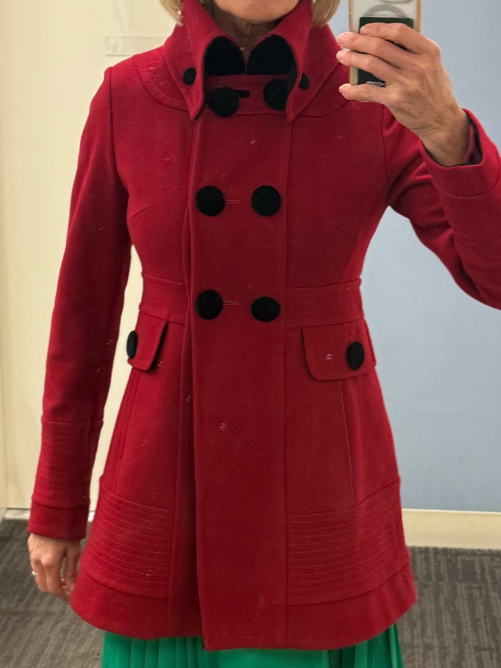 Laundry by Design Red Double-Breasted Pea Coat with Black Velvet Buttons